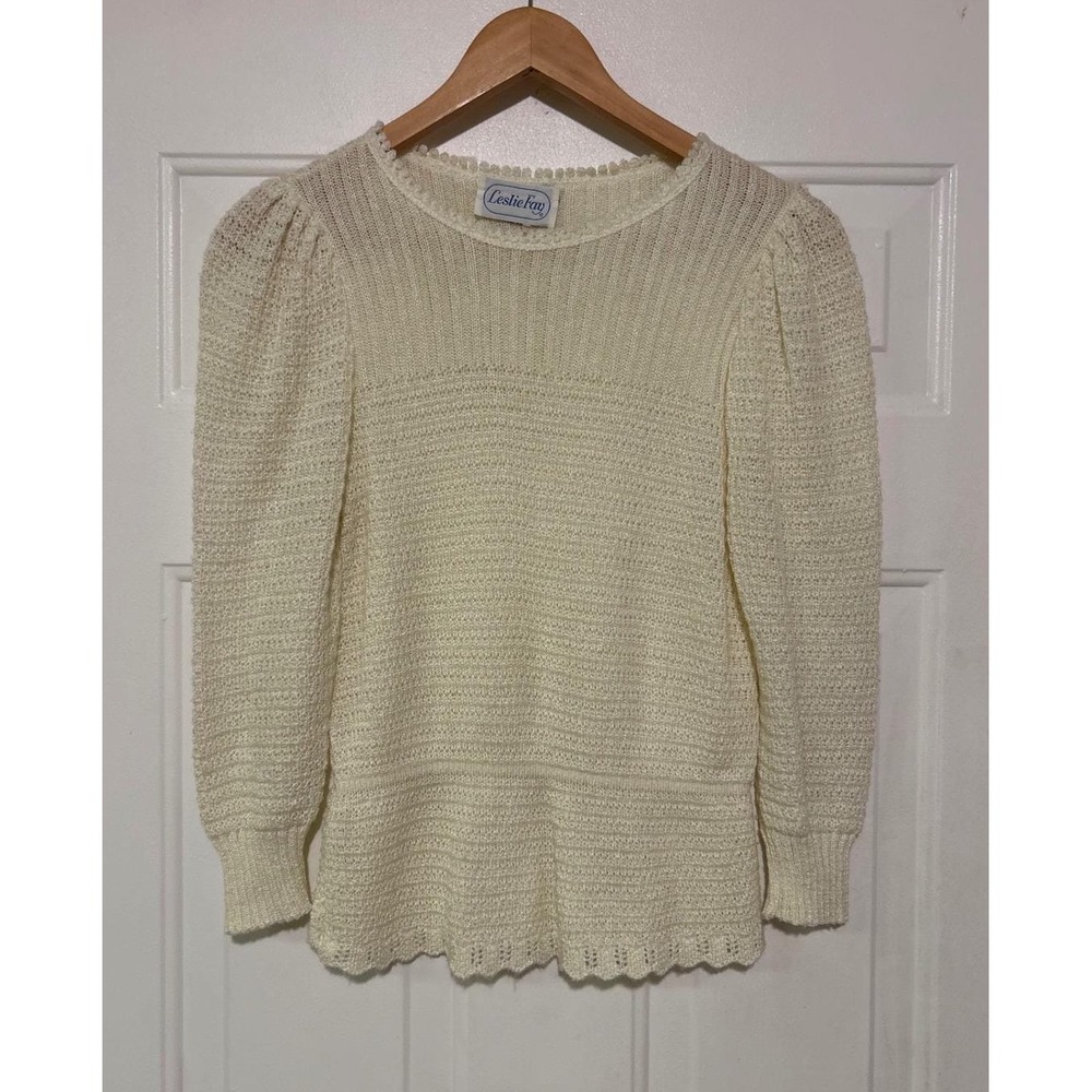 Vintage Leslie Fay Cream Sweater Womens 6 Knit Puff Sleeve Top Scalloped Hem